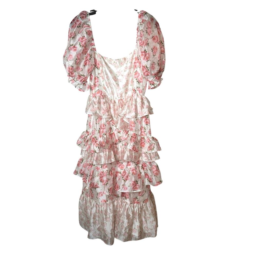 Storia M Pink Rose Floral Smocked Back Ruffle Puff Sleeve Midi Dress Square Neck